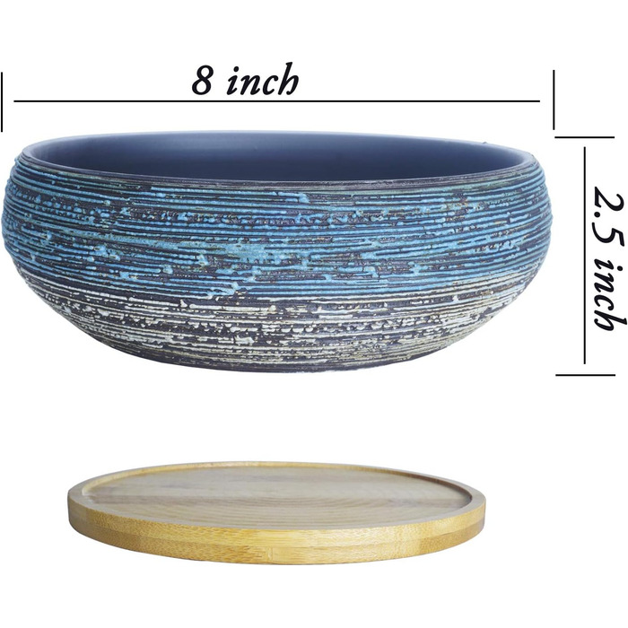 Керамічні горщики для рослин Artketty 8 дюймів (20 см) з дренажем, бамбукова підставка, блакитно-білий колір. Підходять для бонсай, кактусів, квітів, внутрішніх та зовнішніх рослин.