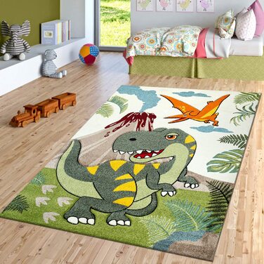 Килим для дитячої кімнати з коротким ворсом зі зображенням динозавра, Сучасний зелений, розмір 140x200 см