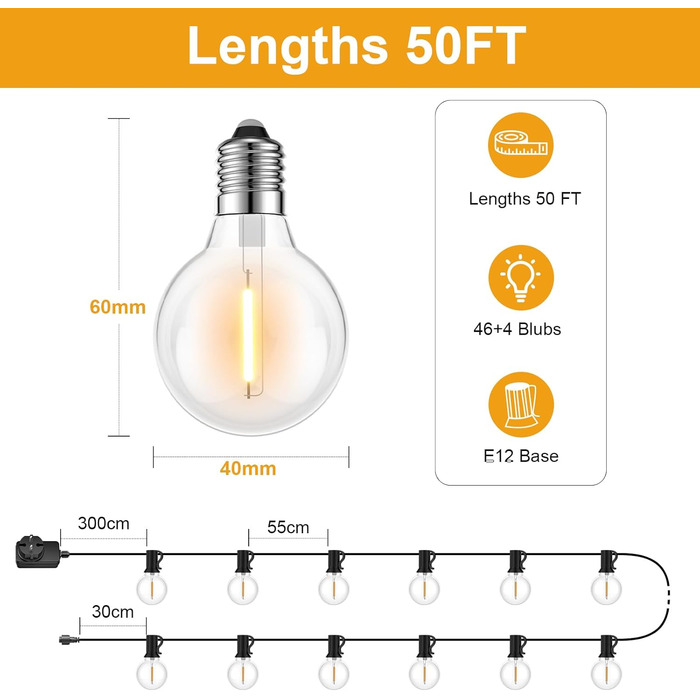 Зовнішні струнні світильники 18M/60FT, G40 LED, IP45, 2700K теплий білий для саду, балкона, весілля, вечірки