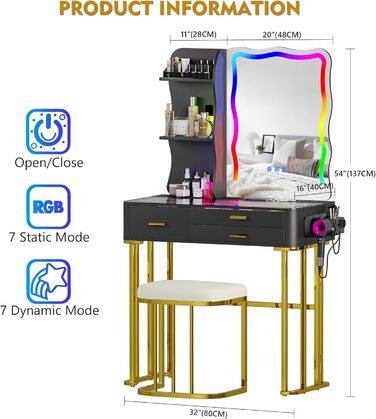 Туалетний столик Figbird з дзеркалом, RGB LED, табурет, ящики, скляна стільниця, підставка для губної помади та фена