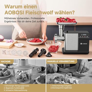 Електрична м'ясоподрібнювач AAOBOSI 3000W з LED-дисплеєм, 9 швидкостей, з нержавіючої сталі, для дому, з насадкою для ковбас та кіббе