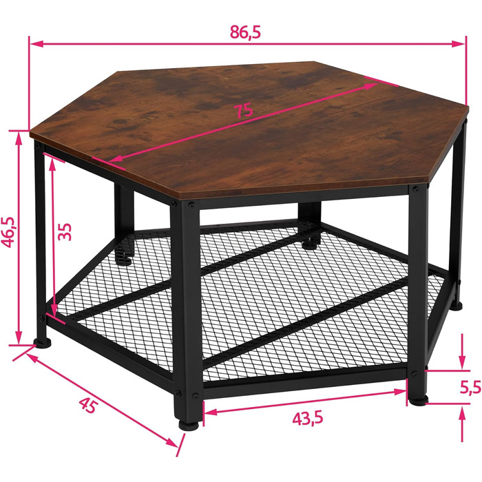 Журнальний столик Tectake з дерева і металу в промисловому дизайні, стіл для вітальні з місцем для зберігання, шестикутний, 86,5 х 75 х 46,5 см, чорний металевий каркас (індустріальний темно-коричневий)