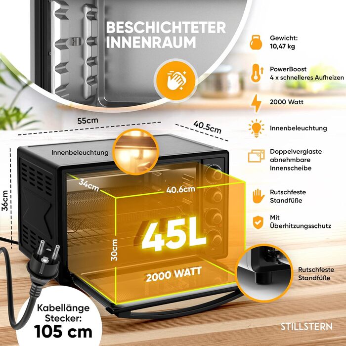Міні-піч Stillstern 45L з конвекцією (Umluft) для піци Ø32 см, CYCLONE PRO+ антипригарне покриття, розморожування, таймер 2 год, міні-піч для кемпінгу, гриль з насадкою для курки