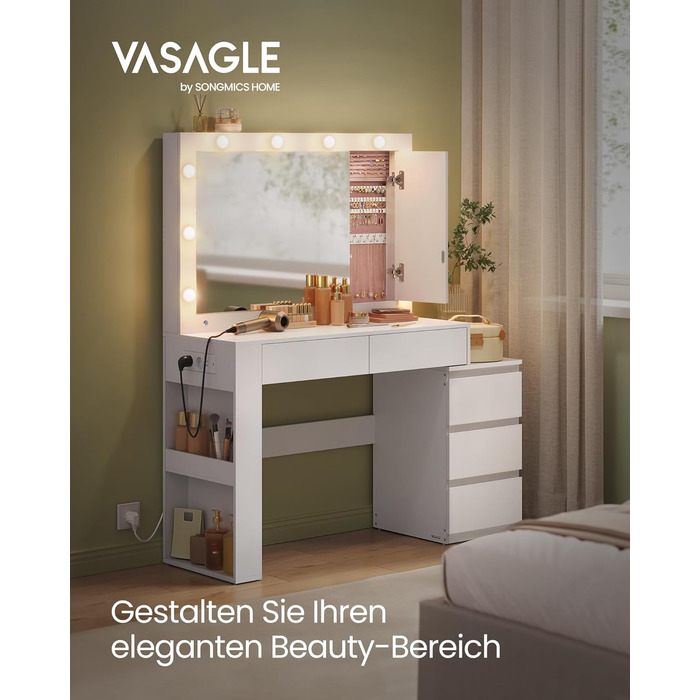 Трюмо VASAGLE з LED-підсвічуванням, дзеркалом та ящиками, 40 x 125 x 140 см, сучасний дизайн, колір