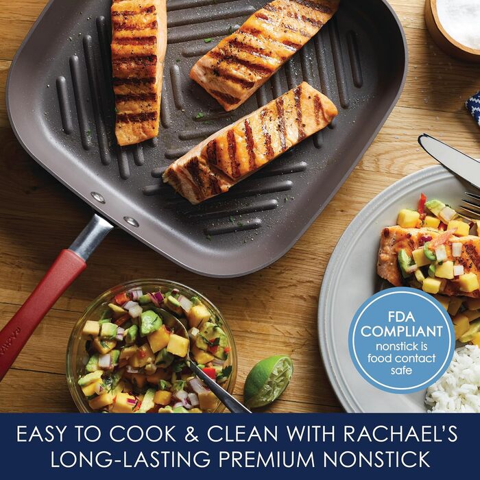 Сковорода-гриль Rachael Ray Cucina, квадратна, 28 см, з антипригарним покриттям, сіра з червоними ручками