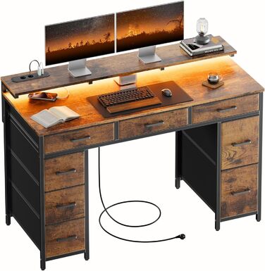 Комп'ютерний стіл з 8 висувними ящиками, 2 розетками, USB-портами, LED-підсвічуванням та підставкою для монітора, 120 x 50 x 74 см, Колір: Коричневий