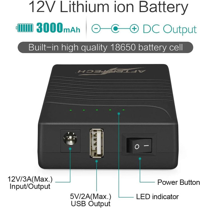 AFTERTECH Mini UPS Powerbank 12V 3000mAh з USB-виходом: резервне живлення для пристроїв