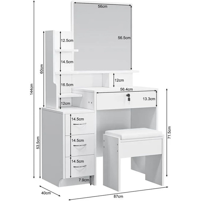 Туалетний столик Dripex з дзеркалом і табуреткою, 4 ящики, білий