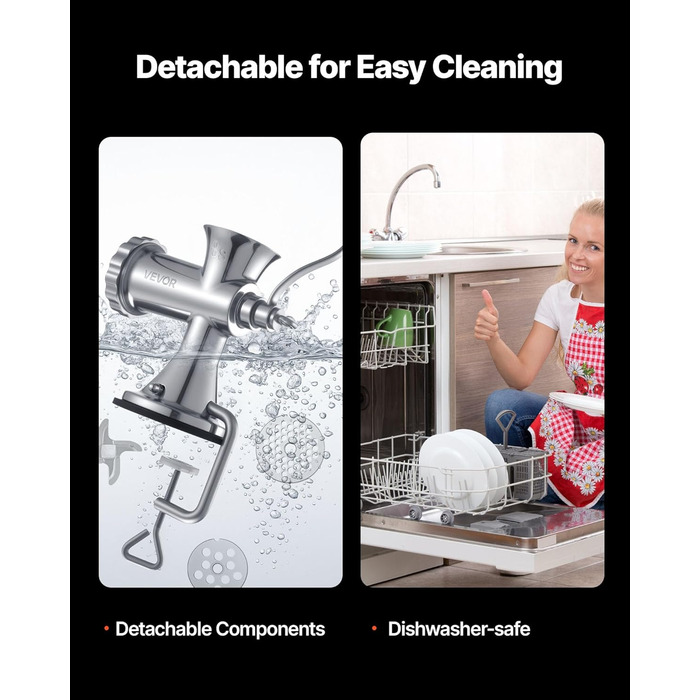 М'ясорубка ручна VEVOR 304 нержавіюча сталь, диски 4.5/8 мм, для фаршу, ковбас, овочів - срібляста