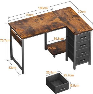 Комп'ютерний стіл Coleshome L-подібний, 120x70 см, 4 шухляди, для офісу/кабінету/спальні, вінтажний коричневий