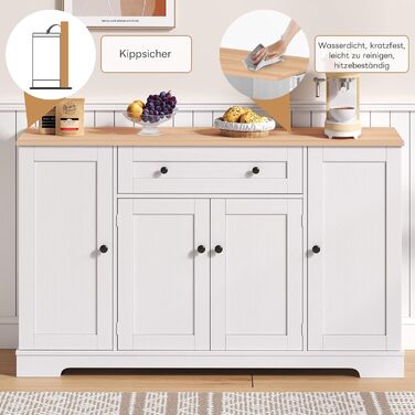 Багатофункціональний буфет-біликовий стіл 138 см з шухлядою, полицями та регульованими полицями – з кріпленням від перекидання, для кухні, вітальні та спальні (Натуральний+білий)