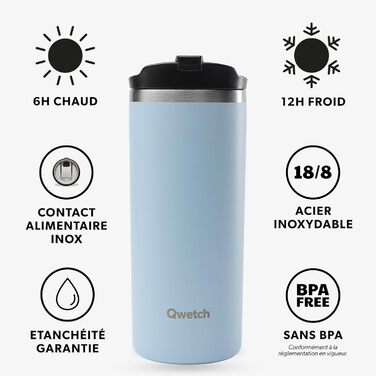 Термокружка QWETCH з нержавіючої сталі 470 мл - ізоляційний термос для кави та чаю - зберігає тепло 6 годин, холод 12 годин - без BPA, не протікає, багаторазовий - термос для подорожей (Пастельно-блакитний)