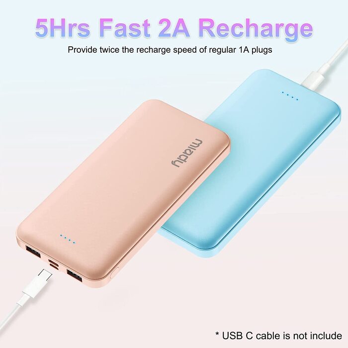 Набір з 2, USB-C та 2 виходи USB 2.4A, синій та рожевий, 10000mAh