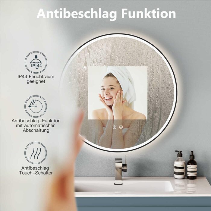 Дзеркало для ванної кімнати HOKO круглої форми, 80 см з підсвічуванням, антизапарювання, рамка, сенсорний вимикач з пам'яттю, регулювання світла 2700-6500K (тепле біле - холодне біле - нейтральне), 80 x 80 см, чорний колір