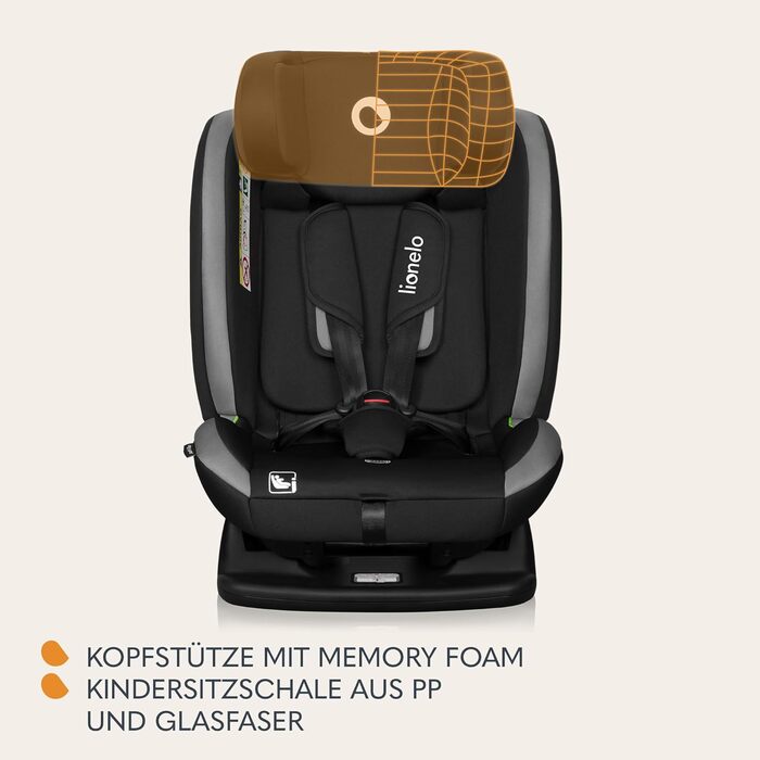 Автокрісло Lionelo AART для дітей 40-150 см, R129 (I-SIZE), сірий колір, регулювання спинки та підголівника