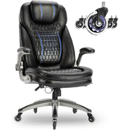 Крісло шеф COLAMY з дихаючої шкіри – ергономічне офісне крісло з пружинним блоком, відкидними підлокітниками та тихими роликами для дому та офісу, чорне