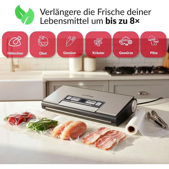 Вакууматор для продуктів LEHMANN — вакуумний пакувальник для сухих та вологих продуктів, пристрій для запаювання пакетів з шлангом для відкачування повітря, ширина шва 30 см