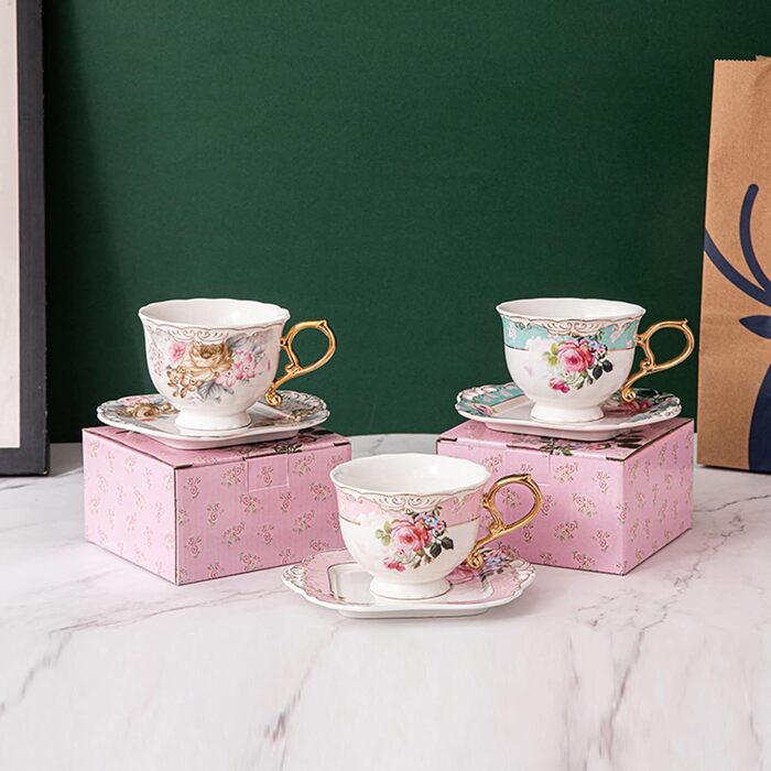 Набір чайних чашок і блюдець з квітами fanquare, рожева чашка для чаю та кави з золотою ручкою, 200 мл