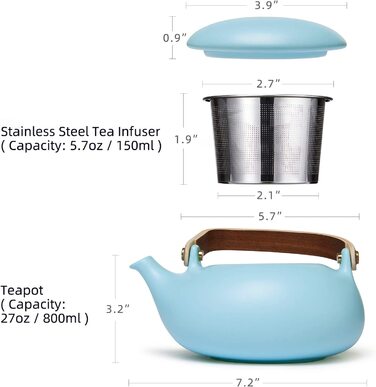Чайний сервіз ZENS, фарфор з ситечком, 800 мл, матовий японський чайник з дерев'яною ручкою, керамічний білий з 4 чашками і підставкою з ротанга для розсипного чаю, подарунок (04-яскраво-синій чайник)