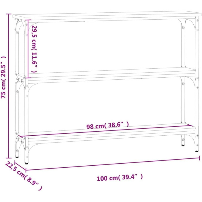 Консольний стіл FENLAX 100x22.5x75 см, вузький, з полицями, матеріал на основі дерева та металу, копчений дуб