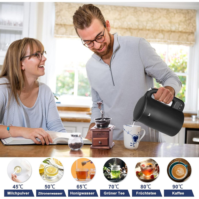 Електричний чайник Bear 1.7L з нержавіючої сталі 304, 11 температурних режимів, 1800W, захист від сухого кипіння, LCD дисплей, точне регулювання температури (40°C-100°C), BPA Free