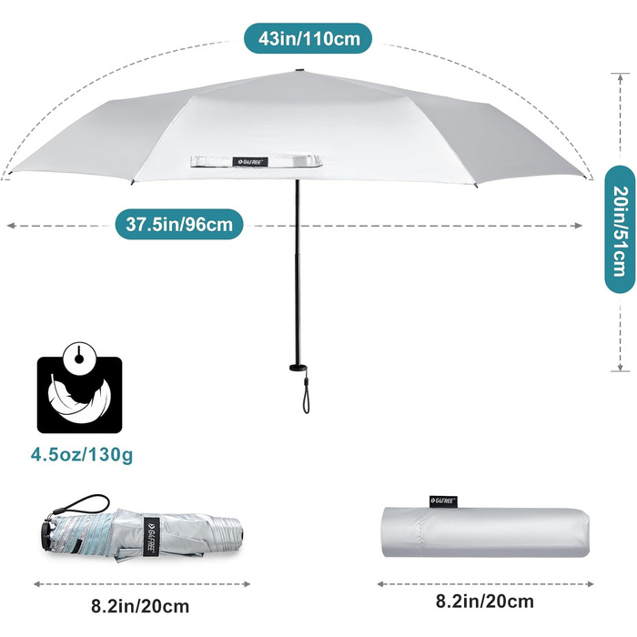 Компактна парасолька та туристична парасолька, 115 г, ультралегка, UPF 50, вуглецеве волокно, морська блакить/сріблястий, 4Free