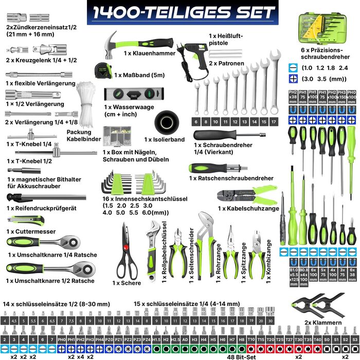 Набір інструментів MASKO 1400 предметів в алюмінієвому кейсі на колесах: професійний інструментальний візок для дому, майстерні, автосервісу