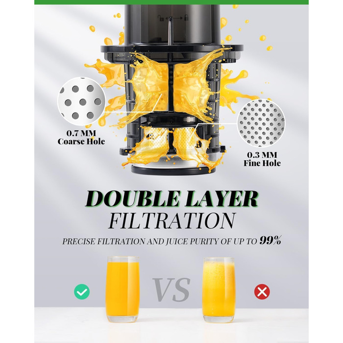 Електричний соковитискач GDOR з великою завантажувальною воронкою 90 мм, висока врожайність, тихий, BPA-free, легко миється, 200W, сірий