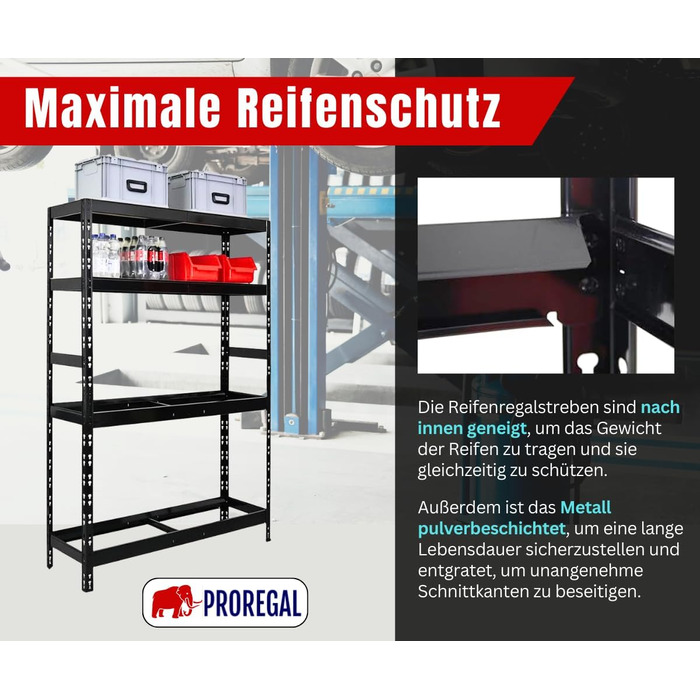 Стелаж для шин PROREGAL Tiger XL: 200x180x45 см, 300 кг на полицю, до 205/55 R16, чорний. Підходить для майстерні, складу, підвалу.