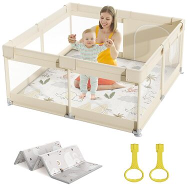 Дитячий манеж Mloong 120x120 з матрацом, дихаючою сіткою та присосками, ідеальний варіант для квартири