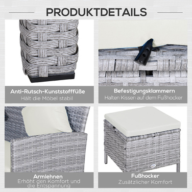 Набір садово-патіо меблів на 5 місць, ротанговий комплект з пуфами, металевий каркас, сірий колір, розміри 142 x 60 x 75 см