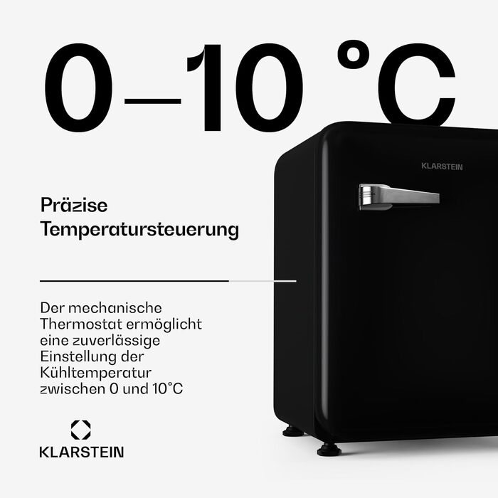Холодильник Klarstein Audrey Evo 68L: Ретро-дизайн, тихий (40 dB), компресор, регульовані ніжки, двері, що відкидаються, чорний (68 л, енергоклас E)