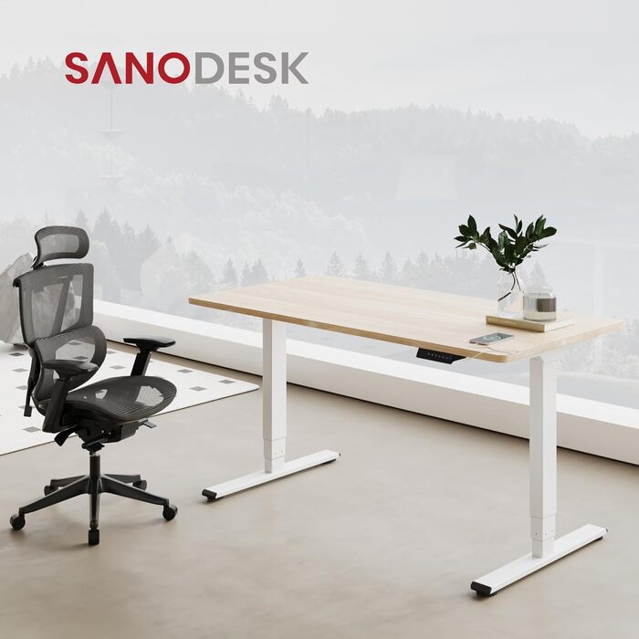 Регульований стіл Sanodesk 160x80 см білий + ahron. Електричний, ергономічний, з подвійним мотором.