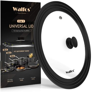 Універсальна скляна кришка для каструль та сковорід Walfos (33, 36, 38 см) з силіконовим обідком, термостійка, чорна