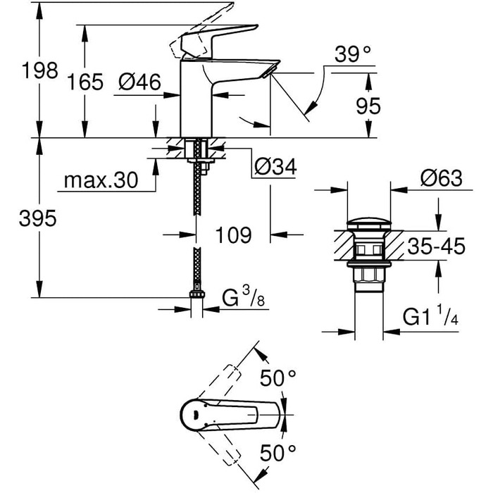 Змішувач для ванної кімнати Grohe Start, водозберігаючий, хром, 17 см, з інструментом 3-в-1 для легкої установки