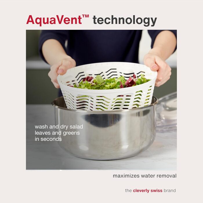 Салатниця Zyliss Easy Spin 2 з відцентровою технологією Aquavent, 6л, нержавіюча сталь, біла