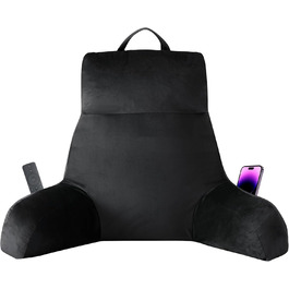 Крісло-мішок з підлокітниками для дорослих, подушка для спини для відпочинку в ліжку, з піною з пам'яті та кишенями, знімний, пральний чохол, для релаксації, перегляду телевізора, чорний, X-Large (24 дюйми)