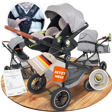 Дитяча коляска 3 в 1 AMOR BABY Primus сірого кольору: автокрісло, класична коляска та автокрісло в комплекті | Безпечна, з Isofix та 5-точковим ременем безпеки