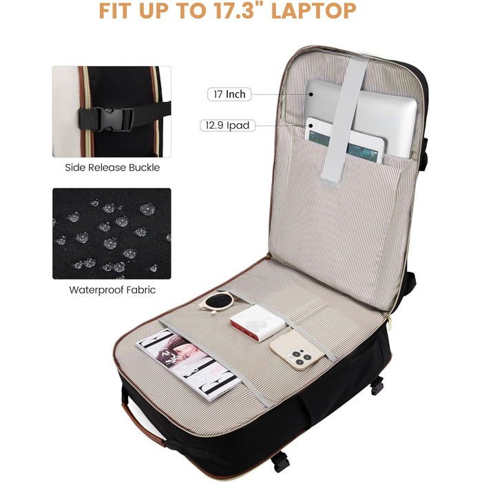 Рюкзак LOVEVOOK для ручної поклажі літака, 40L, водонепроникний, з відділенням для ноутбука 17 дюймів, для подорожей, школи, роботи, кемпінгу, чоловічий/жіночий, бежевий+чорний+коричневий