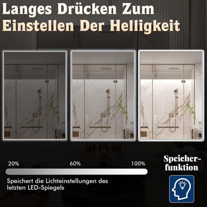LED дзеркало для ванної кімнати 60x80 см з підсвічуванням, сенсорне, регулювання яскравості, 3 кольори світла, проти запотівання, водонепроникне IP44, горизонтальне/вертикальне