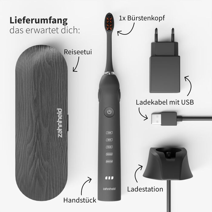 Електрична звукова зубна щітка Zahnheld® Gero G2 з чохлом для подорожей та насадкою | 5 режимів чищення, тривалий час роботи, білий | 1 шт.