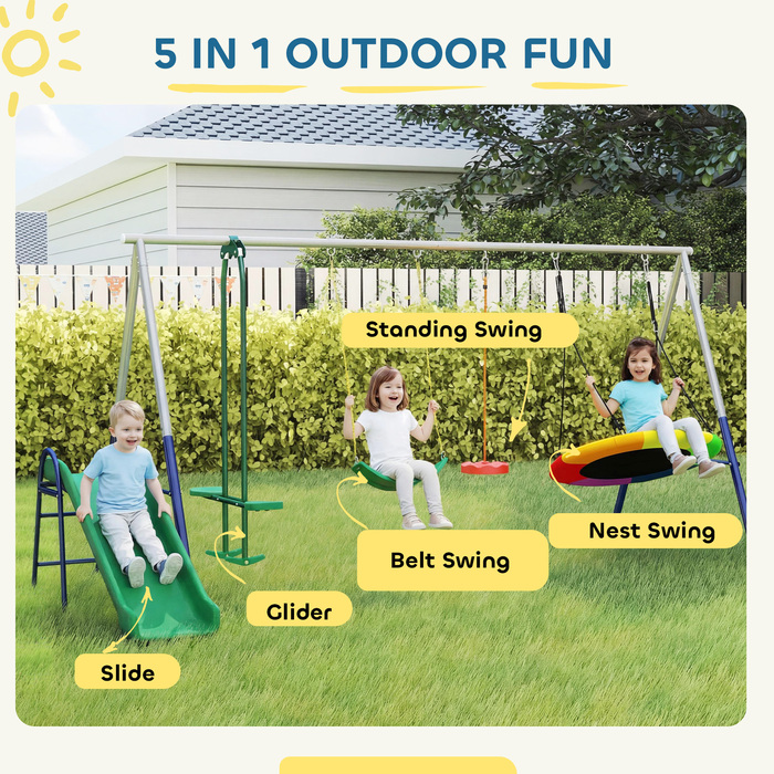 Комплекс для ігор 5-в-1 з гіркою, регульованою по висоті, з сітчастою гойдалкою, розміром 382x196x203 см, багатокольоровий