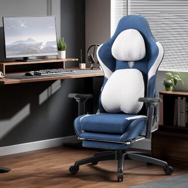 Dowinx Ігровий крісло, дихаючий офісний стілець з високоякісного матеріалу, ергономічний PC стілець з 4D підлокітниками, регульований і поворотний ігровий стілець з підніжкою, блакитний