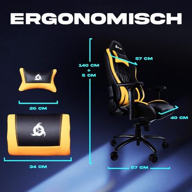 Ігровий крісло KLIM Esports – PC крісло з регульованою спинкою, підлокотниками 4D, подушками для голови та попереку, 170 кг, тиха база – жовтий