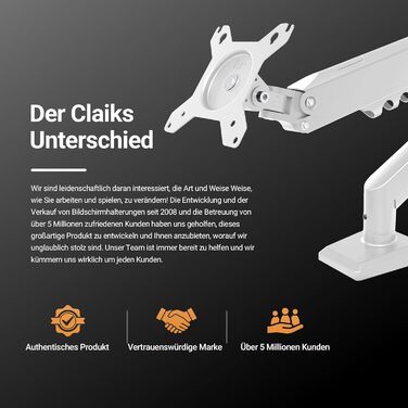 Кріплення для монітора Claiks: регульована підставка з одним кріпленням, VESA 75/100, настільний кріплення, до 9 кг, білий
