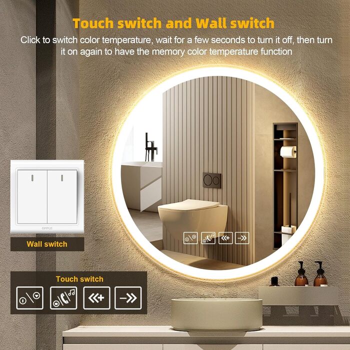 Круглий дзеркало для ванної кімнати з підсвічуванням, 60 см, LED, Bluetooth, сенсорне управління, регулювання кольору (3000K-6500K), диммування, HD-загартоване скло, 600x600 мм