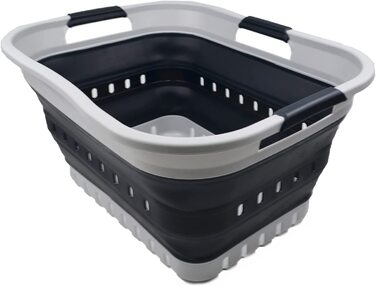 Складна Пластикова корзина для білизни SAMMART 30L з 3 ручками-складаний спливаючий контейнер для зберігання / Органайзер-портативний піддон для прання-компактна Кошик / Кошик (сірий / сланцево-сірий)