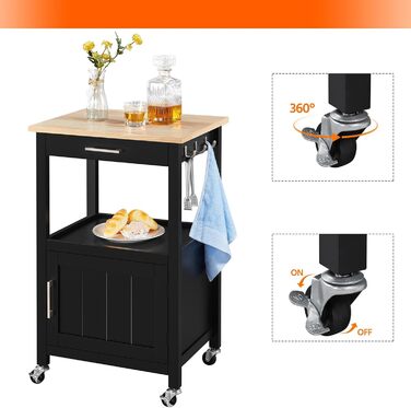 Кухонний візок Yaheetech на колесах з шафкою та полицею, 55x45x89 см, білий (чорний)