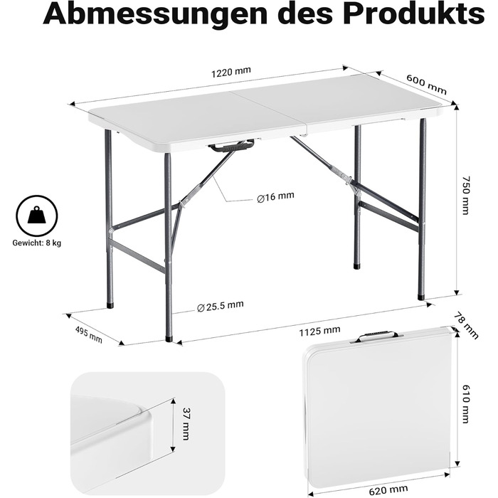 Складаний кемпінговий стіл Wiltec 122x60x75 см, стіл для пікніка, саду та виїзних заходів з ручкою для перенесення