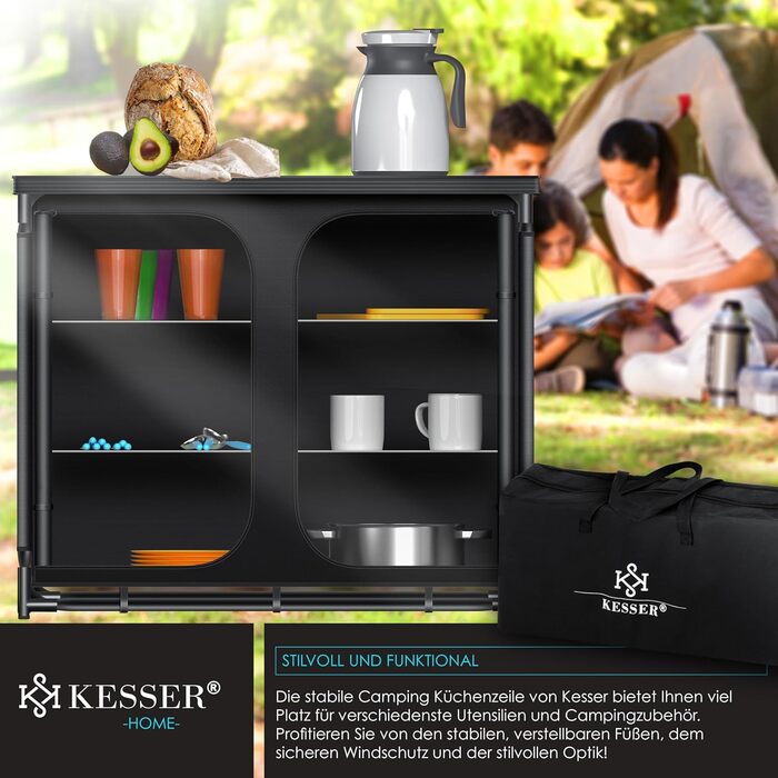 Кемпінгова кухня KESSER® з сумкою та набором посуду | Складаний шафка для кемпінгу | Алюмінієвий каркас | Похідна кухня | Кухонна коробка | Шафка для намету | Чорний/Чорний | Тип F6